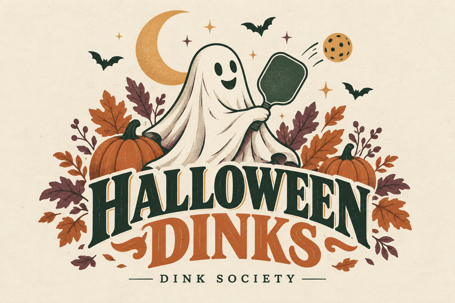 Dink Society Halloween Dinks — ghost playing pickleball with pumpkins and autumn leaves