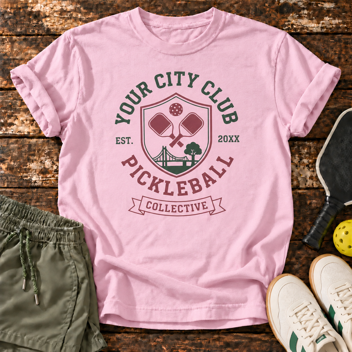City Club T-Shirt — Light Pink — fresh sneakers flatlay