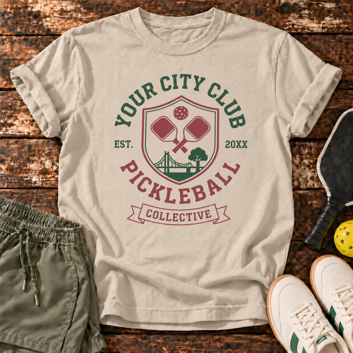 City Club T-Shirt — Sand — fresh sneakers flatlay