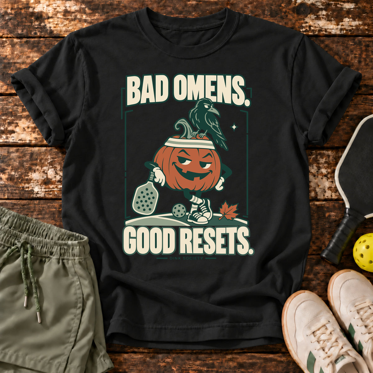 Bad Omens Good Resets Halloween Pickleball T-Shirt — Black — approved Dink Society mockup