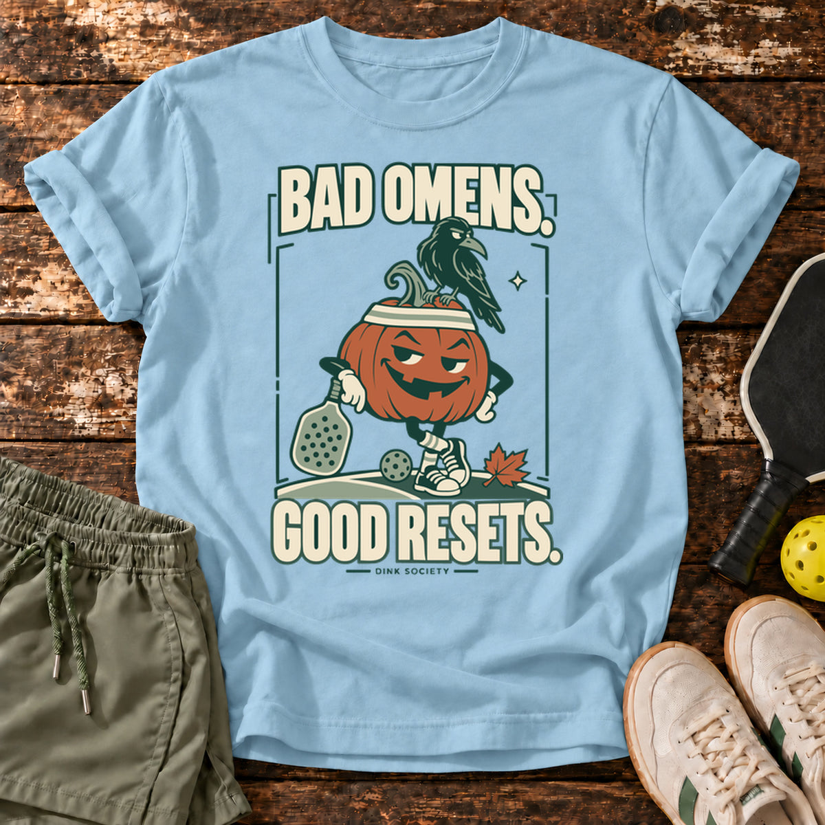 Bad Omens Good Resets Halloween Pickleball T-Shirt — Light Blue — approved Dink Society mockup