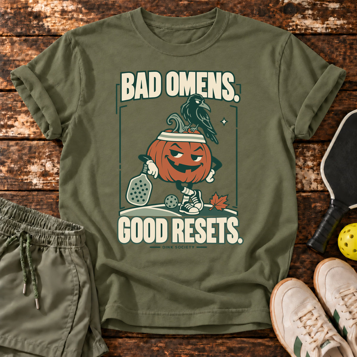 Bad Omens Good Resets Halloween Pickleball T-Shirt — Military Green — approved Dink Society mockup