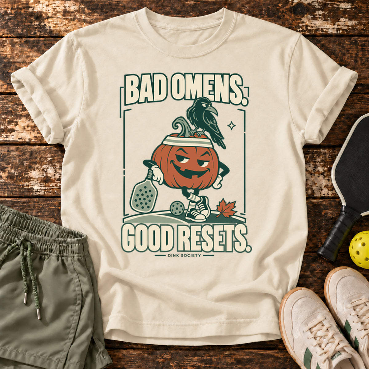 Bad Omens Good Resets Halloween Pickleball T-Shirt — Natural — approved Dink Society mockup