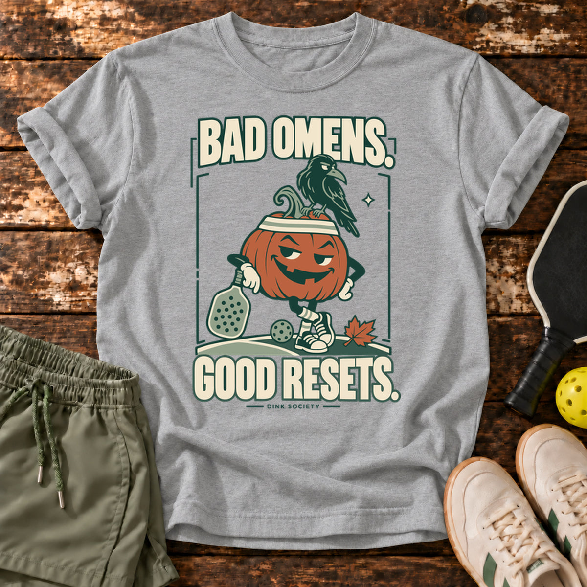 Bad Omens Good Resets Halloween Pickleball T-Shirt — Sport Grey — approved Dink Society mockup