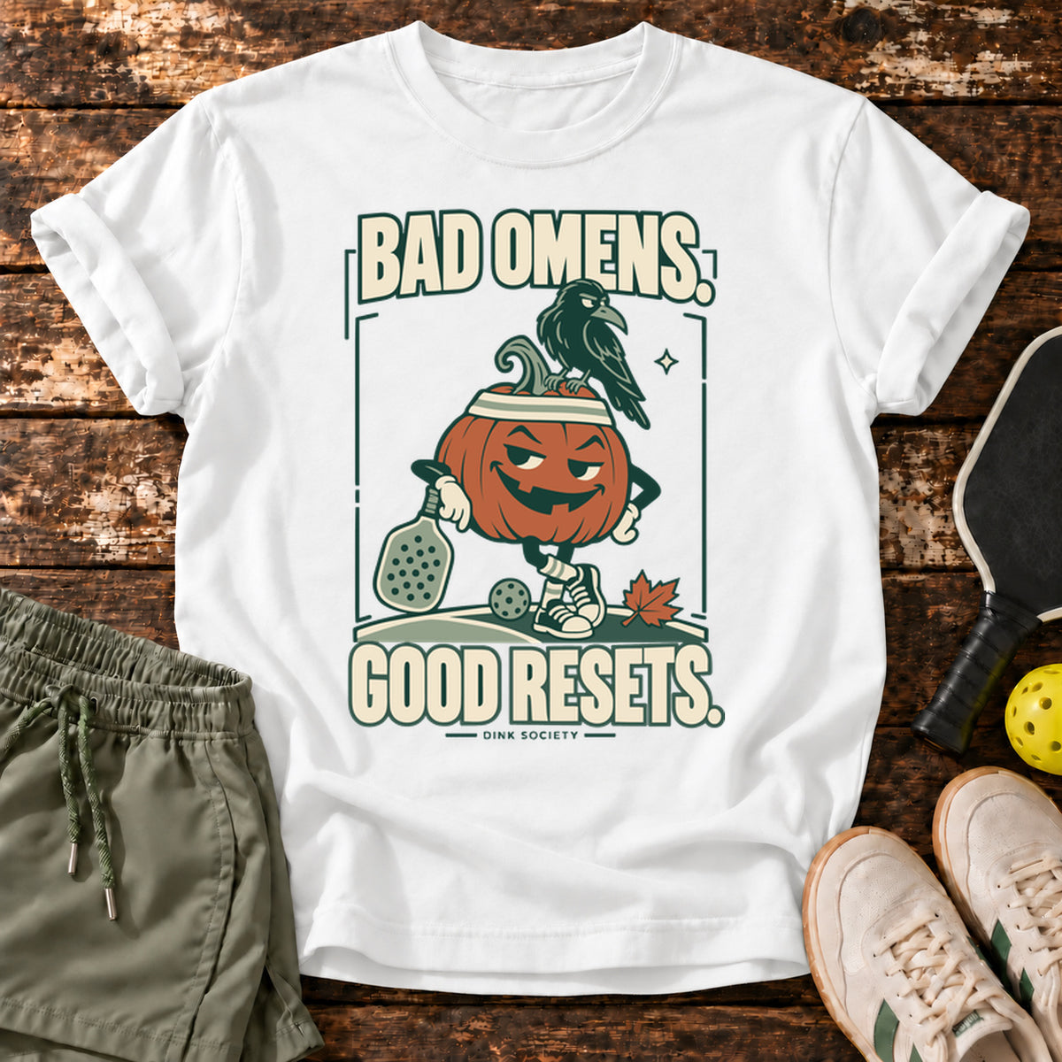 Bad Omens Good Resets Halloween Pickleball T-Shirt — White — approved Dink Society mockup
