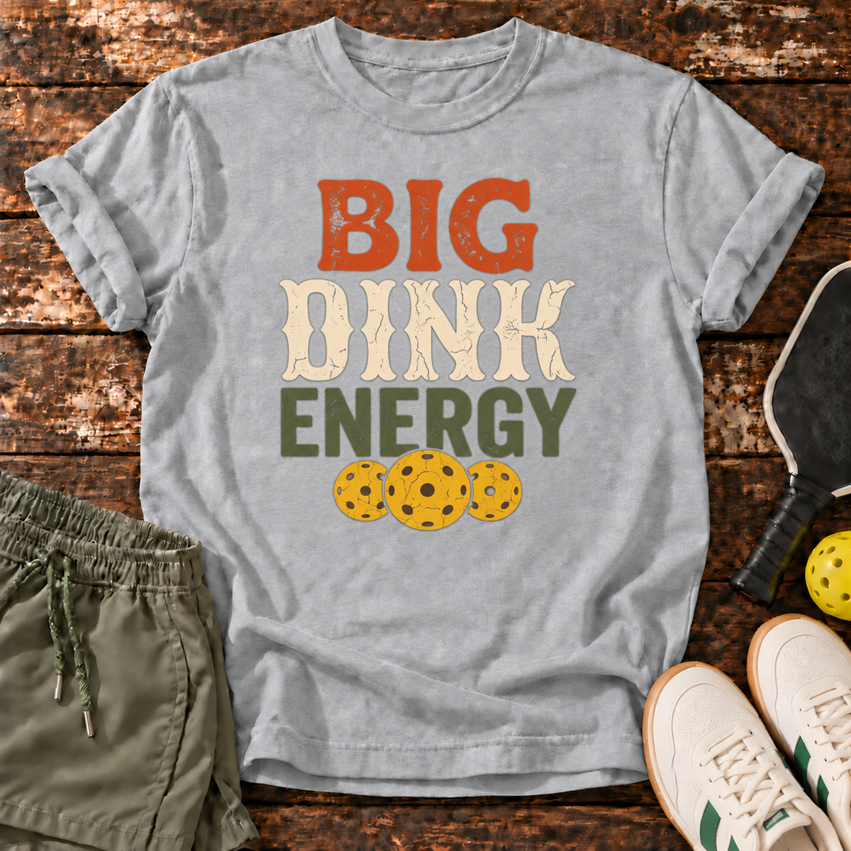 Big Dink Energy T-Shirt — Heather Grey — fresh sneakers flatlay
