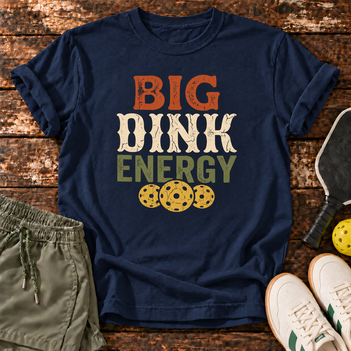 Big Dink Energy T-Shirt — Navy — fresh sneakers flatlay