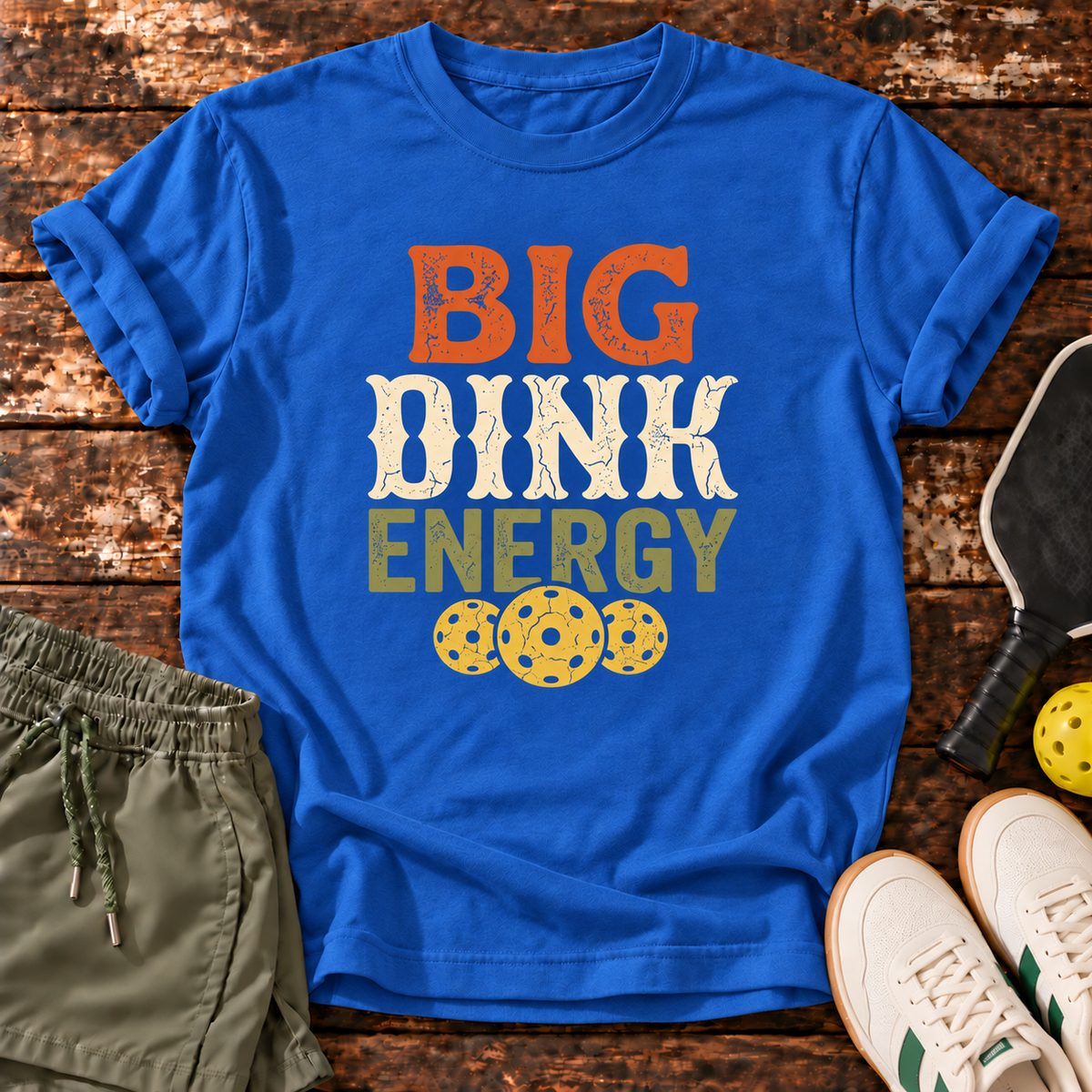 Big Dink Energy T-Shirt — Royal Blue — fresh sneakers flatlay