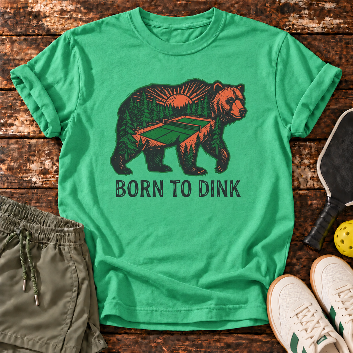 Born Dinking T-Shirt — Court Green — fresh sneakers flatlay