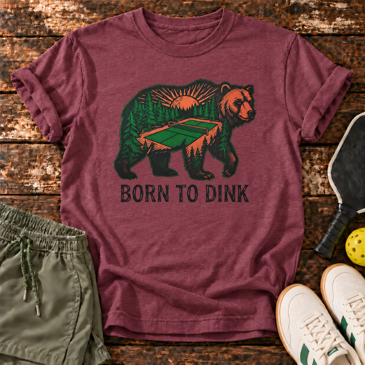 Born Dinking T-Shirt — Merlot Heather — fresh sneakers flatlay