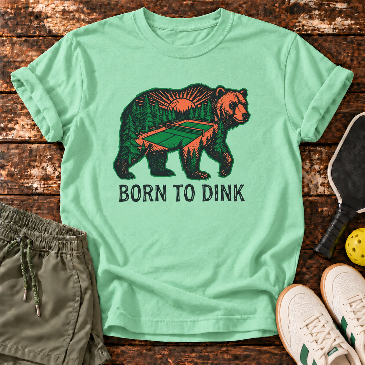 Born Dinking T-Shirt — Mint Green — fresh sneakers flatlay