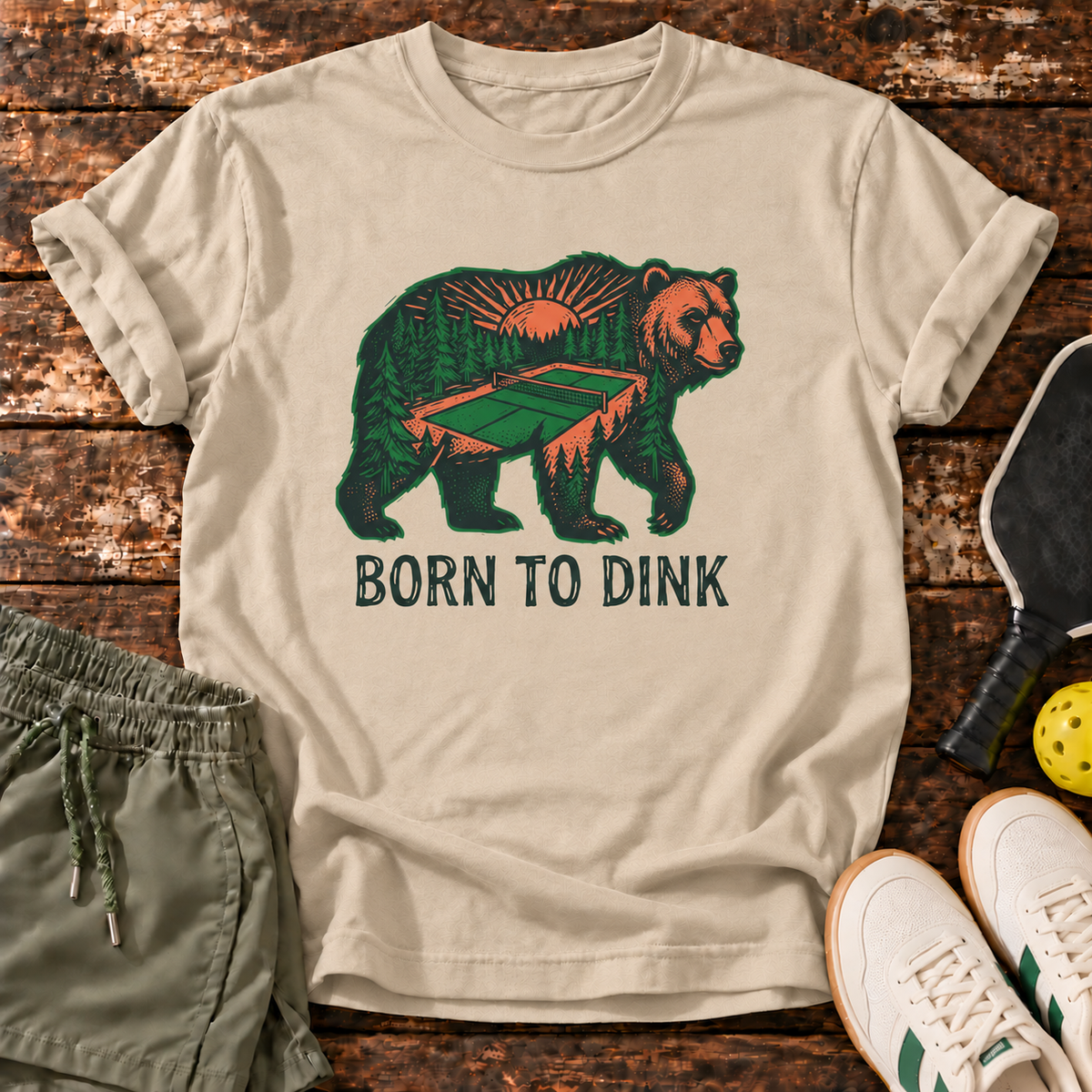 Born Dinking T-Shirt — Warm Sand — fresh sneakers flatlay