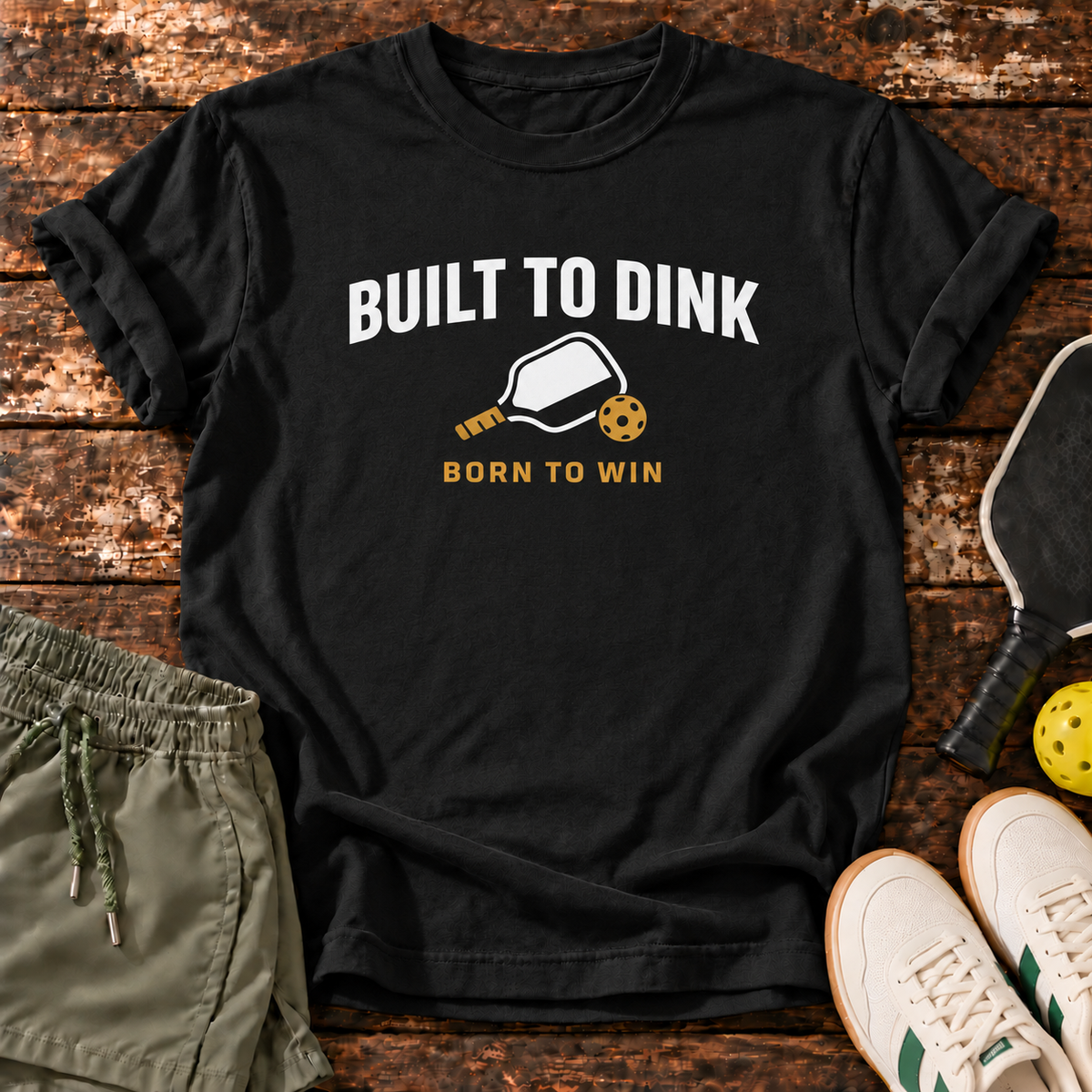 Built Dinking T-Shirt — Black — fresh sneakers flatlay