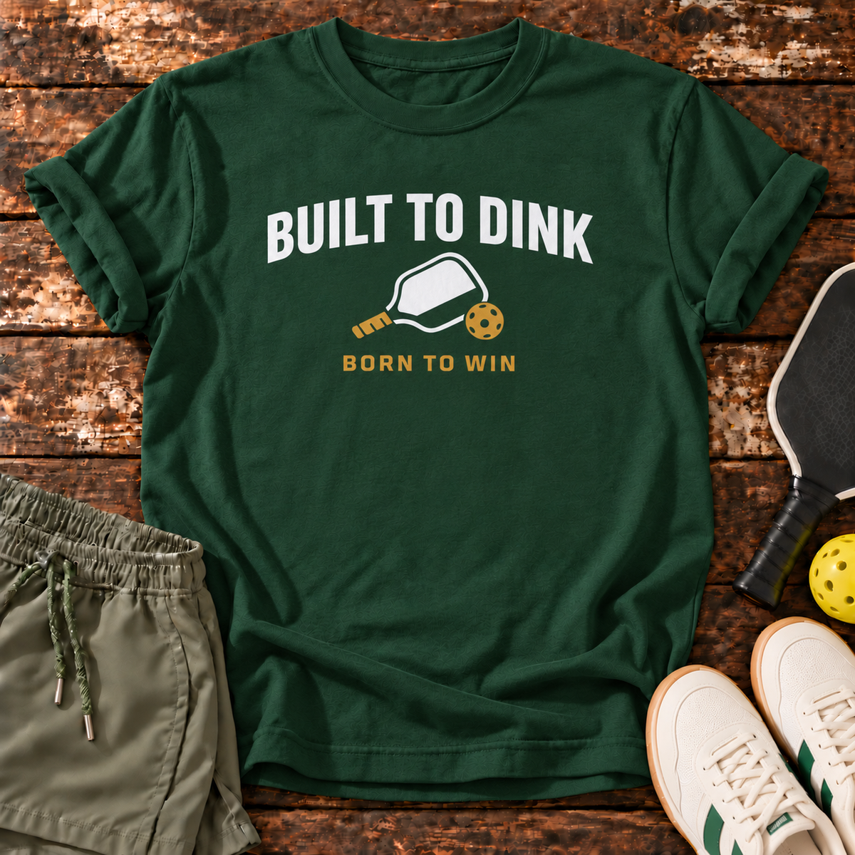 Built Dinking T-Shirt — Forest Green — fresh sneakers flatlay