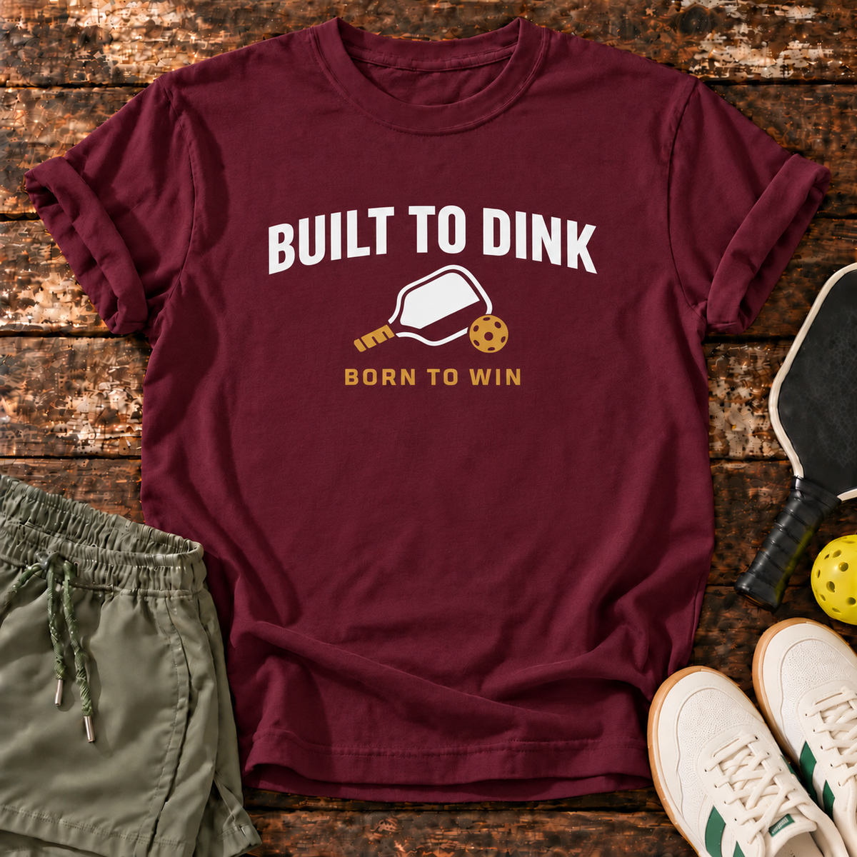 Built Dinking T-Shirt — Merlot — fresh sneakers flatlay