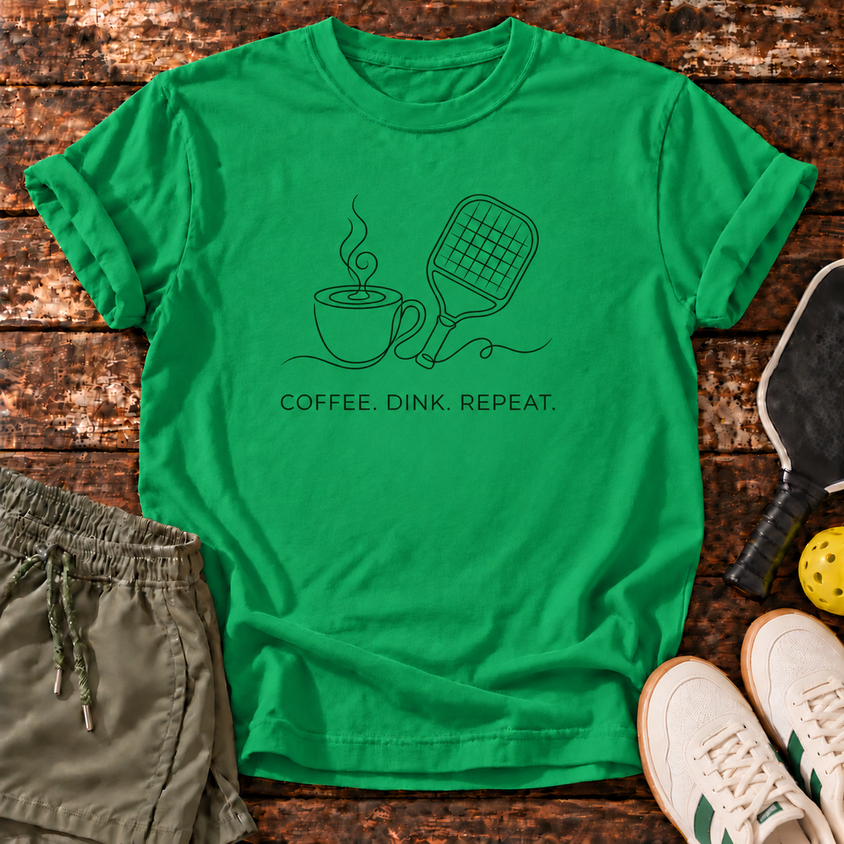 Coffee Dink T-Shirt — Kelly Green — fresh sneakers flatlay