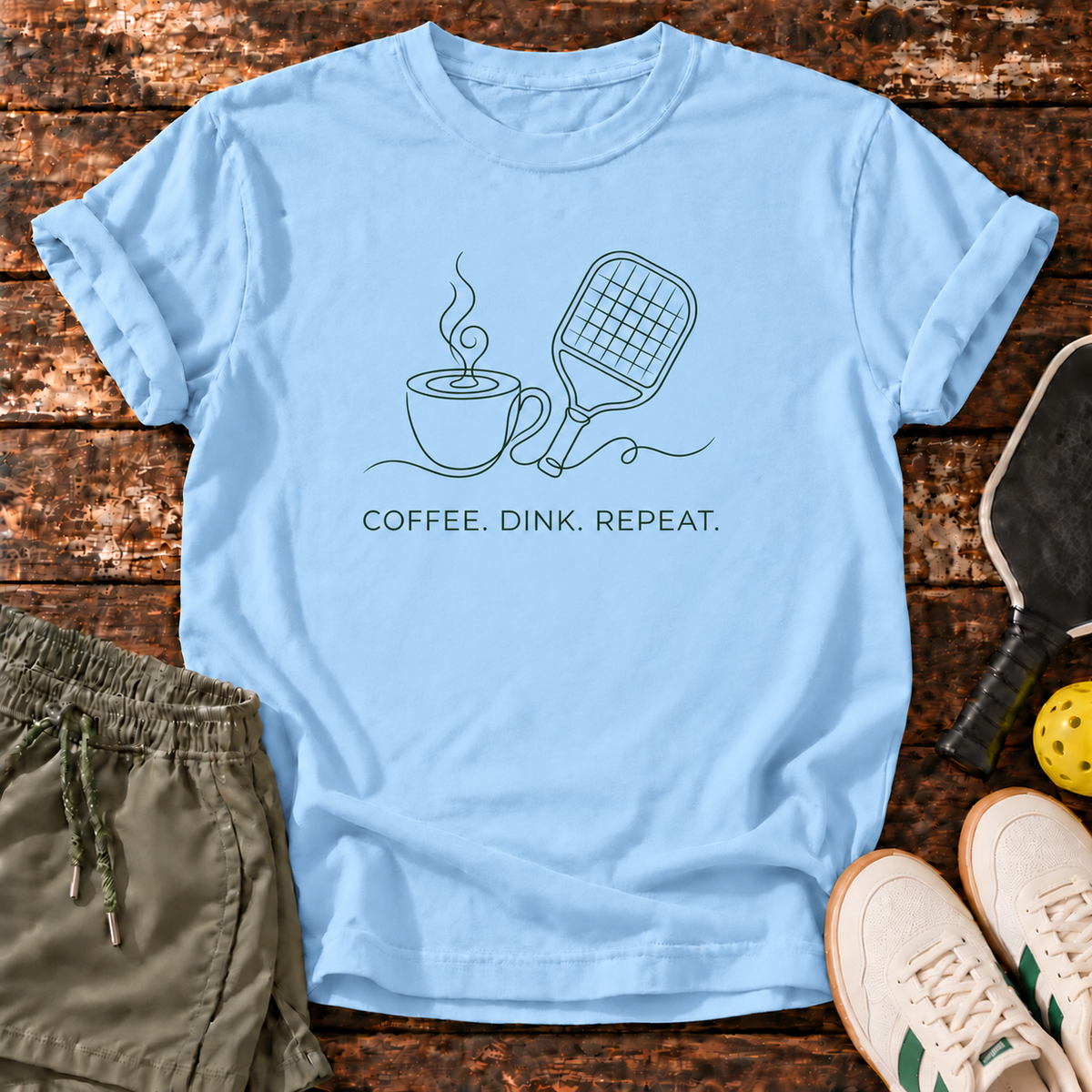 Coffee Dink T-Shirt — Light Blue — fresh sneakers flatlay