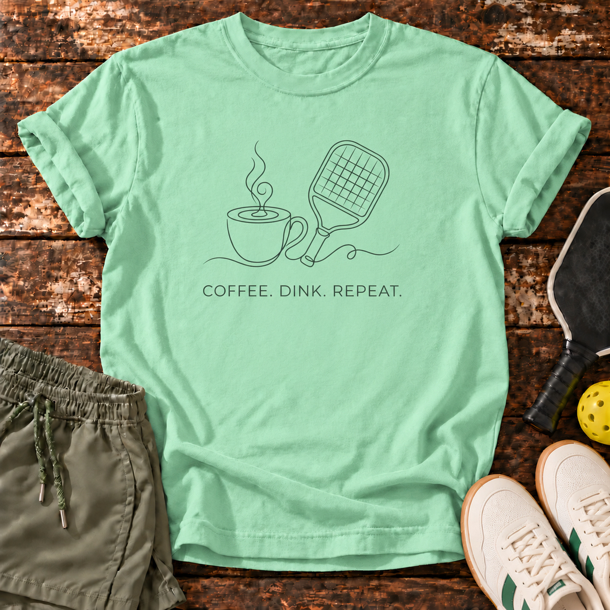 Coffee Dink T-Shirt — Mint Green — fresh sneakers flatlay