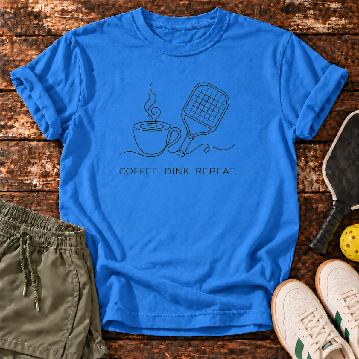 Coffee Dink T-Shirt — Royal — fresh sneakers flatlay
