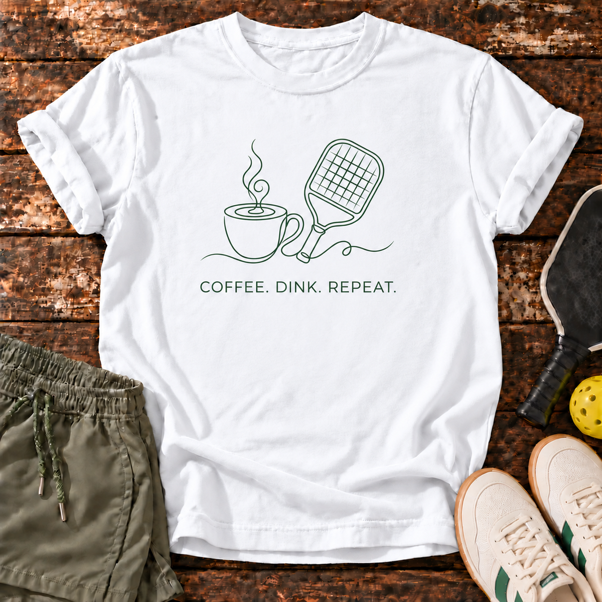 Coffee Dink T-Shirt — White — fresh sneakers flatlay