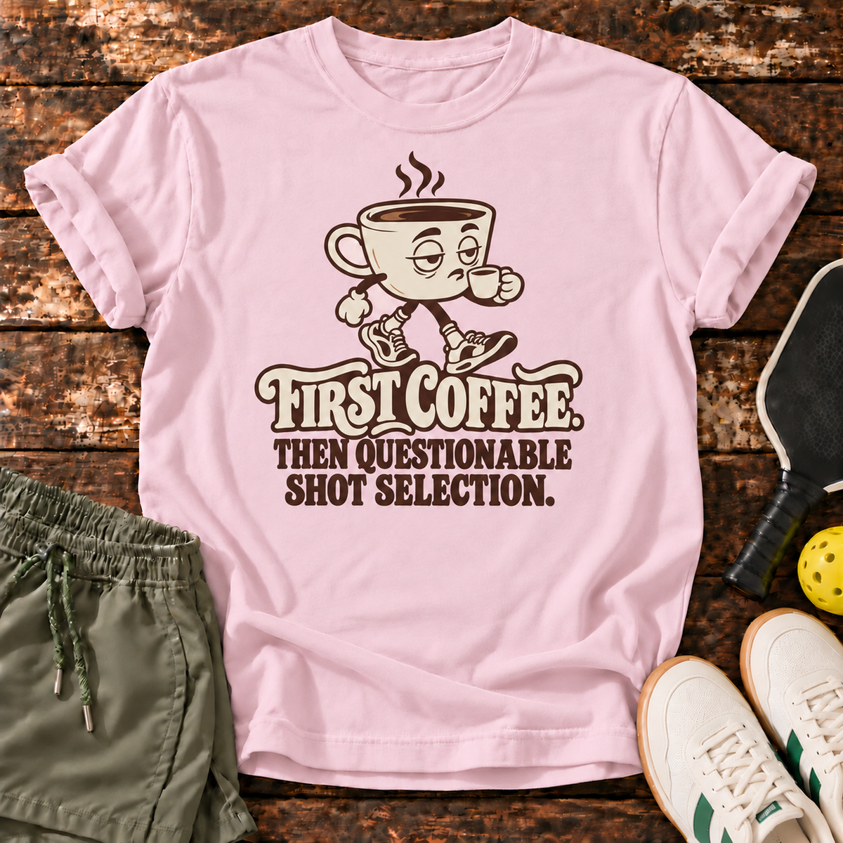 Coffee First T-Shirt — Light Pink — wood mockup