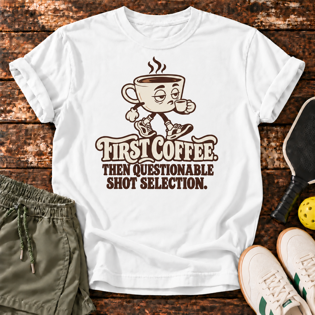 Coffee First T-Shirt — White — wood mockup
