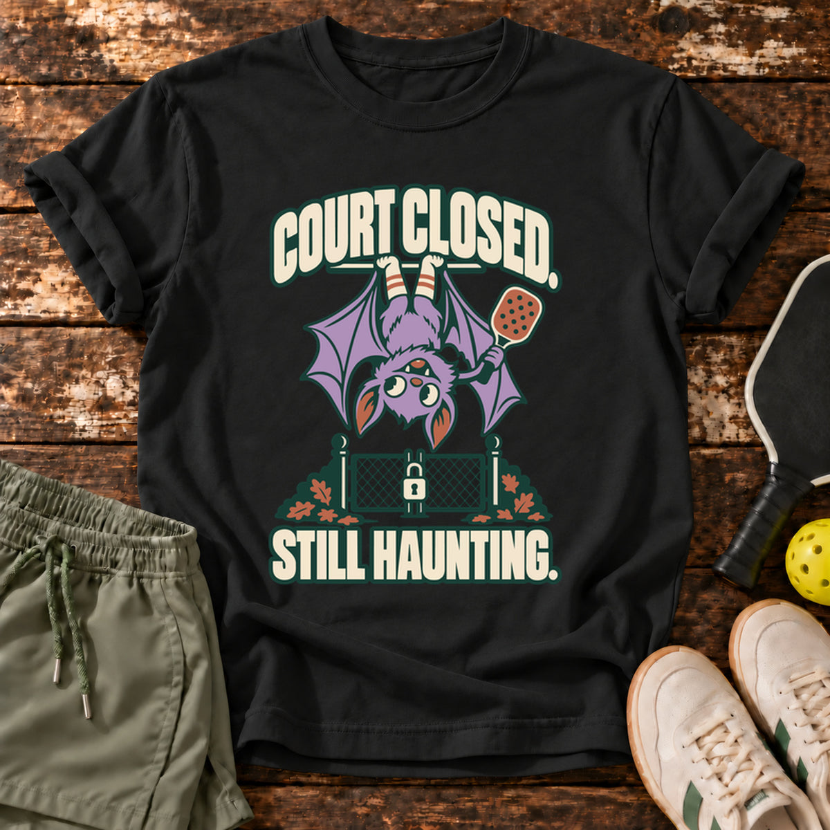 Court Closed Still Haunting Halloween Pickleball T-Shirt — Black — approved Dink Society mockup