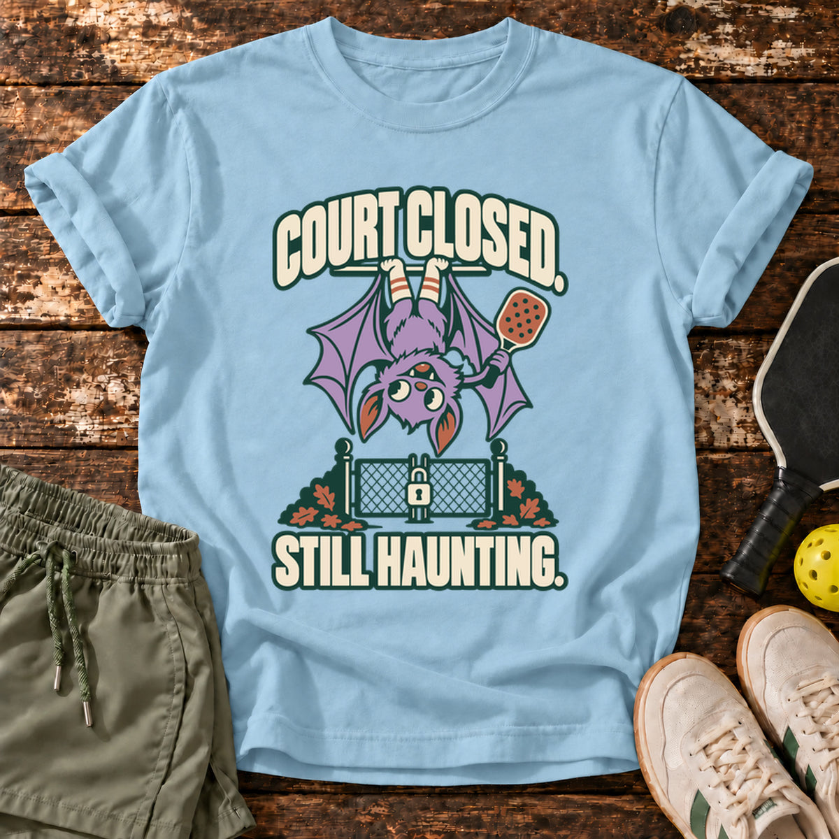 Court Closed Still Haunting Halloween Pickleball T-Shirt — Light Blue — approved Dink Society mockup