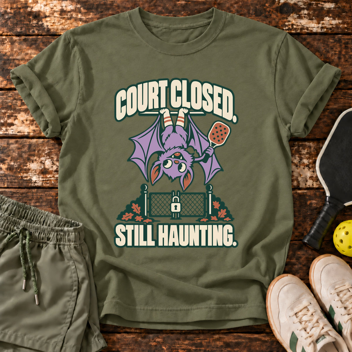 Court Closed Still Haunting Halloween Pickleball T-Shirt — Military Green — approved Dink Society mockup