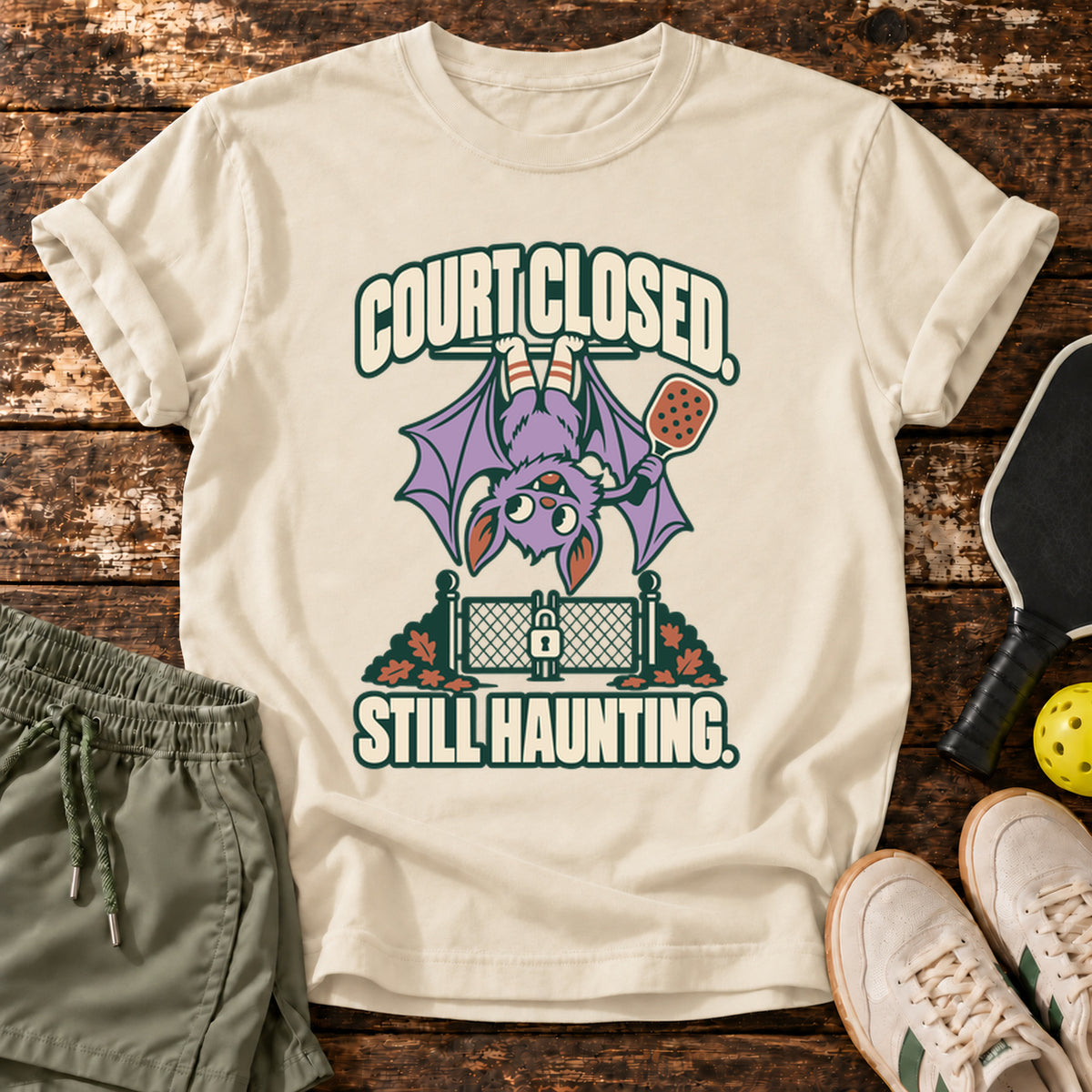 Court Closed Still Haunting Halloween Pickleball T-Shirt — Natural — approved Dink Society mockup