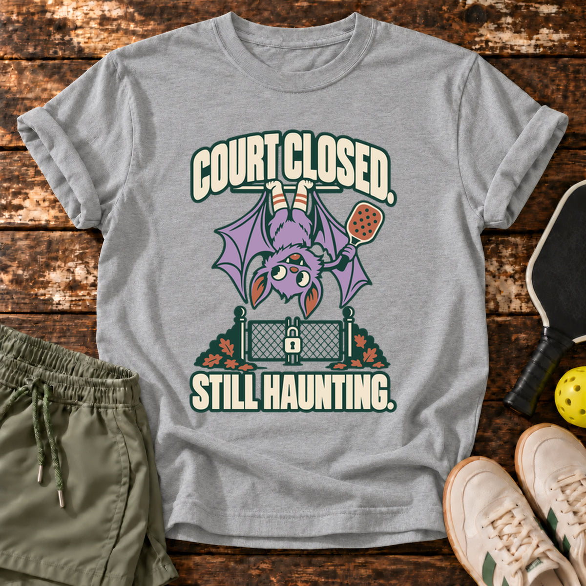 Court Closed Still Haunting Halloween Pickleball T-Shirt — Sport Grey — approved Dink Society mockup