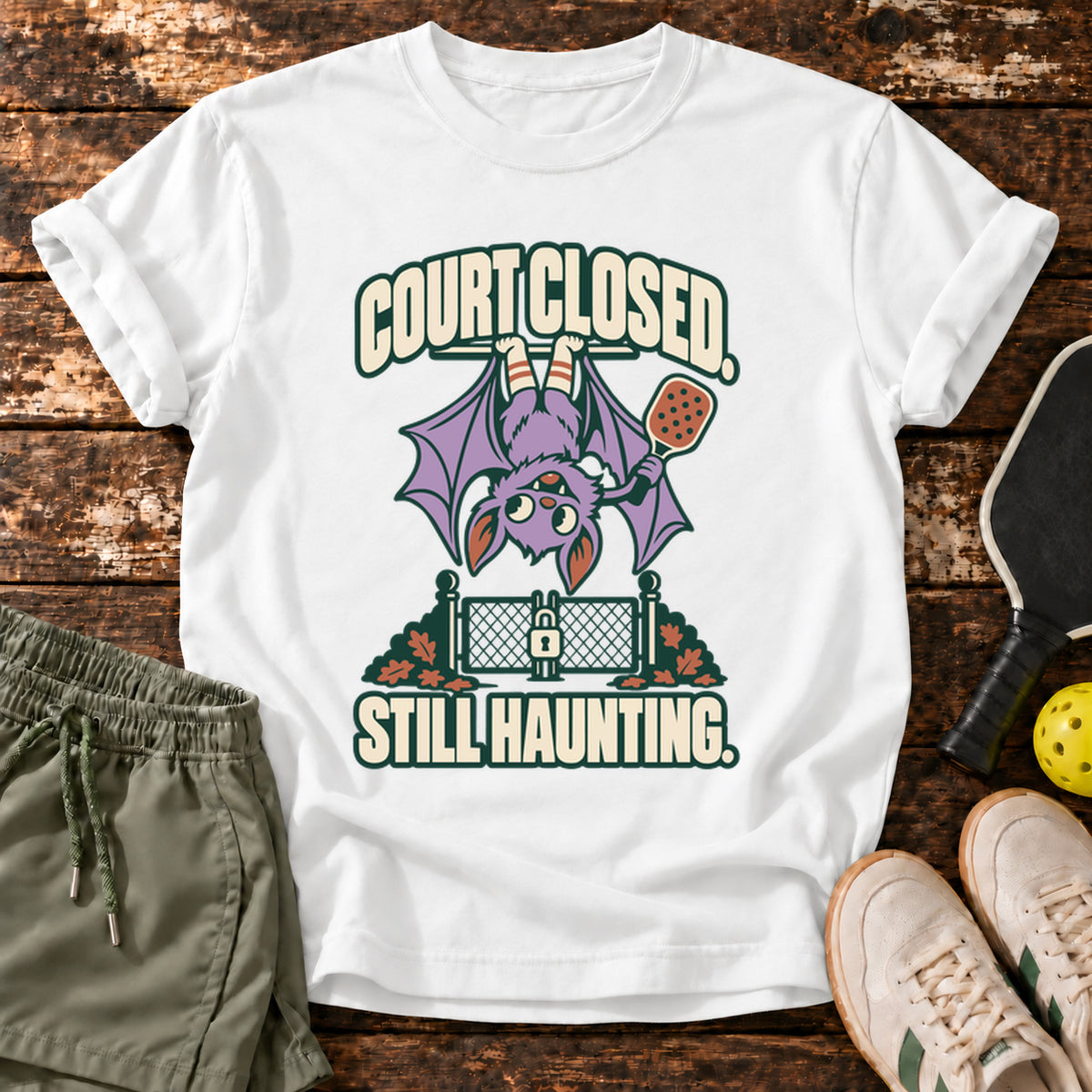 Court Closed Still Haunting Halloween Pickleball T-Shirt — White — approved Dink Society mockup