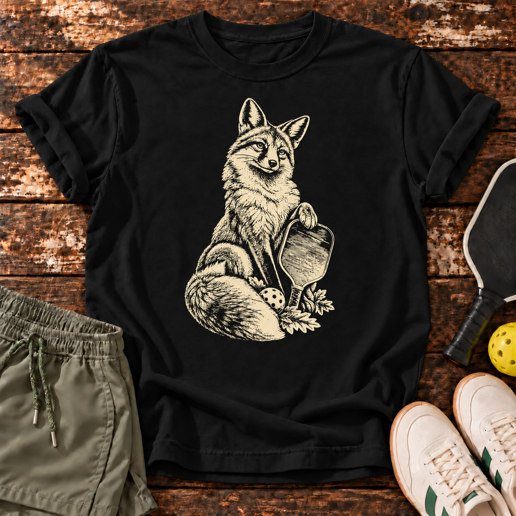 Court Fox T-Shirt — Black — wooden flatlay
