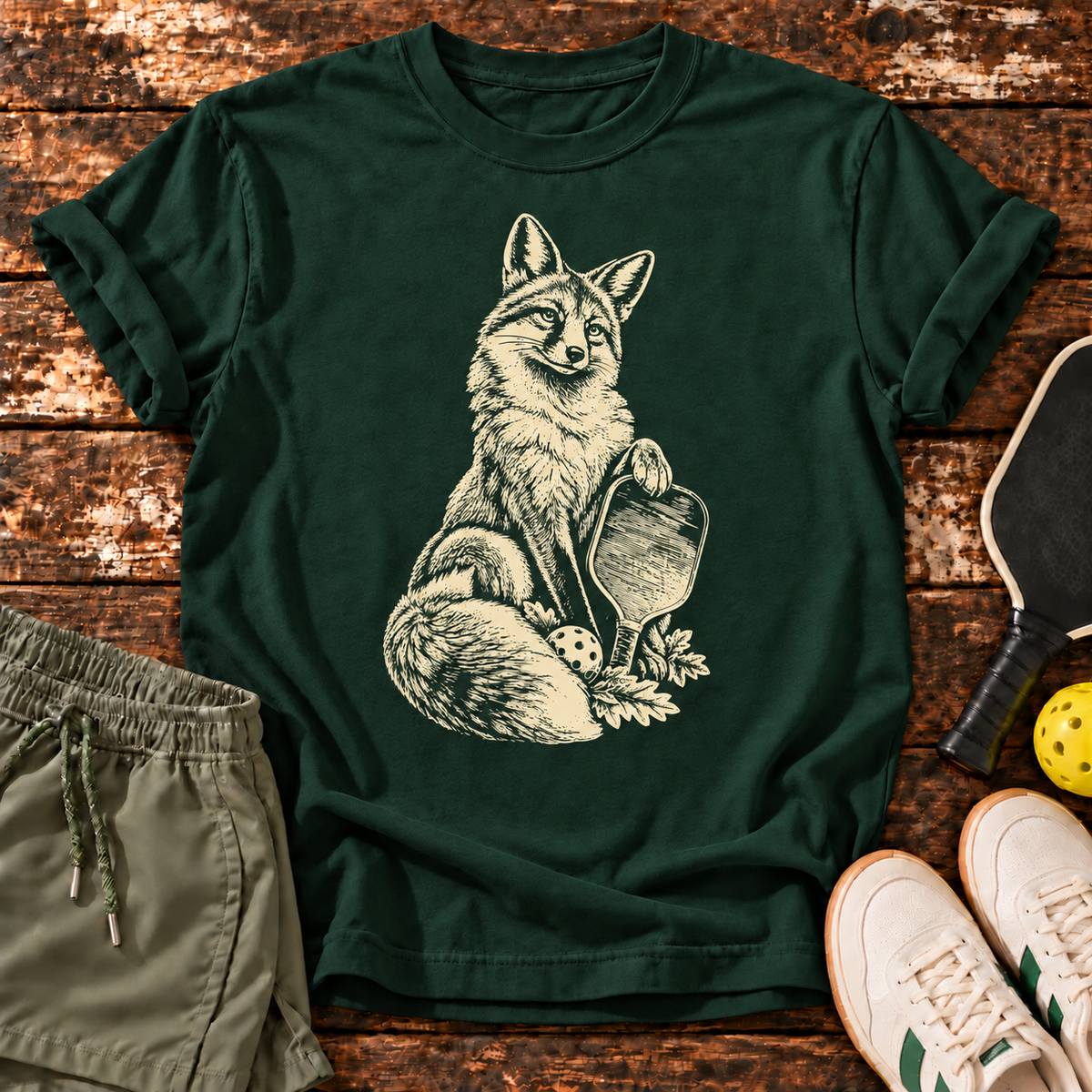 Court Fox T-Shirt — Forest Green — wooden flatlay