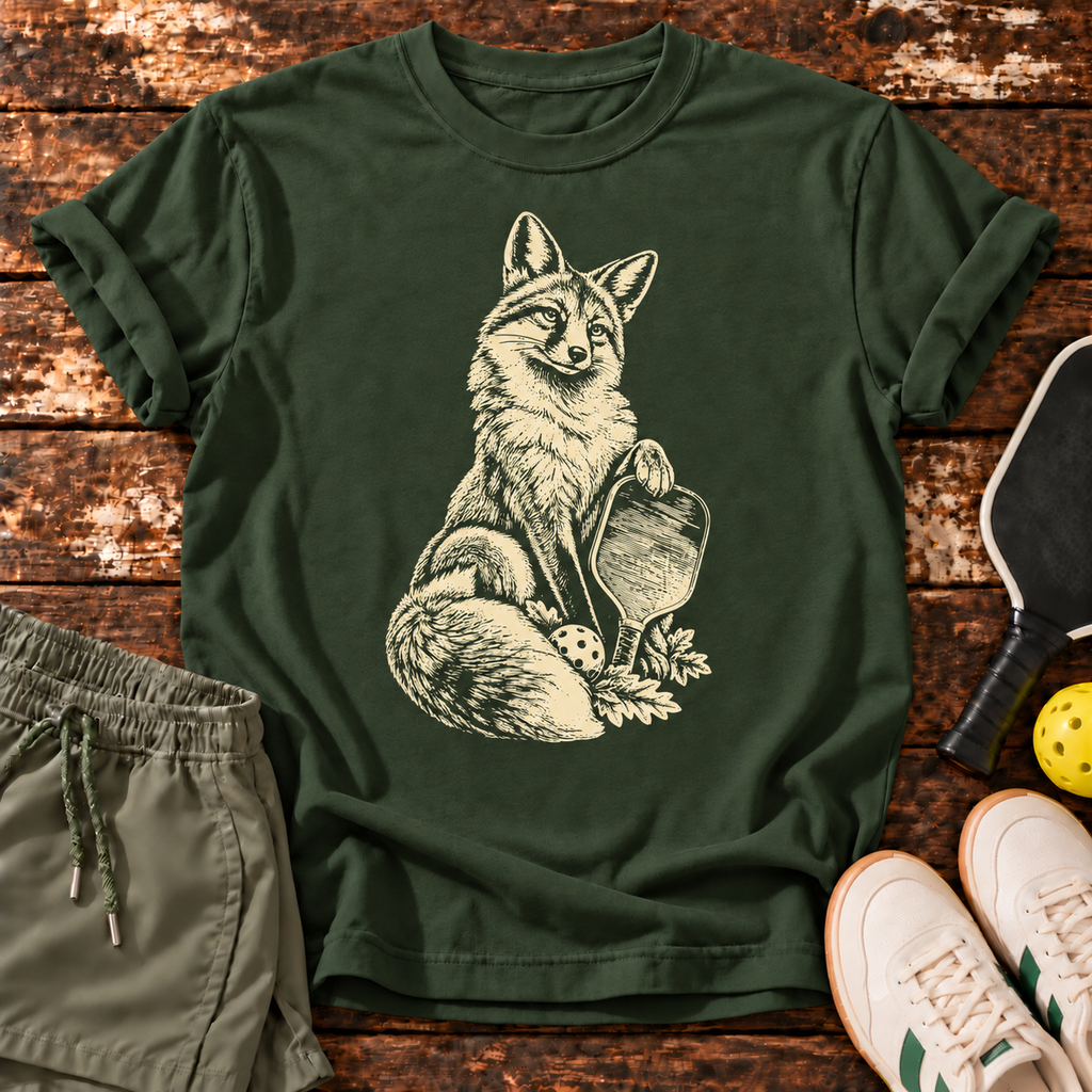 Court Fox T-Shirt — Military Green — wooden flatlay