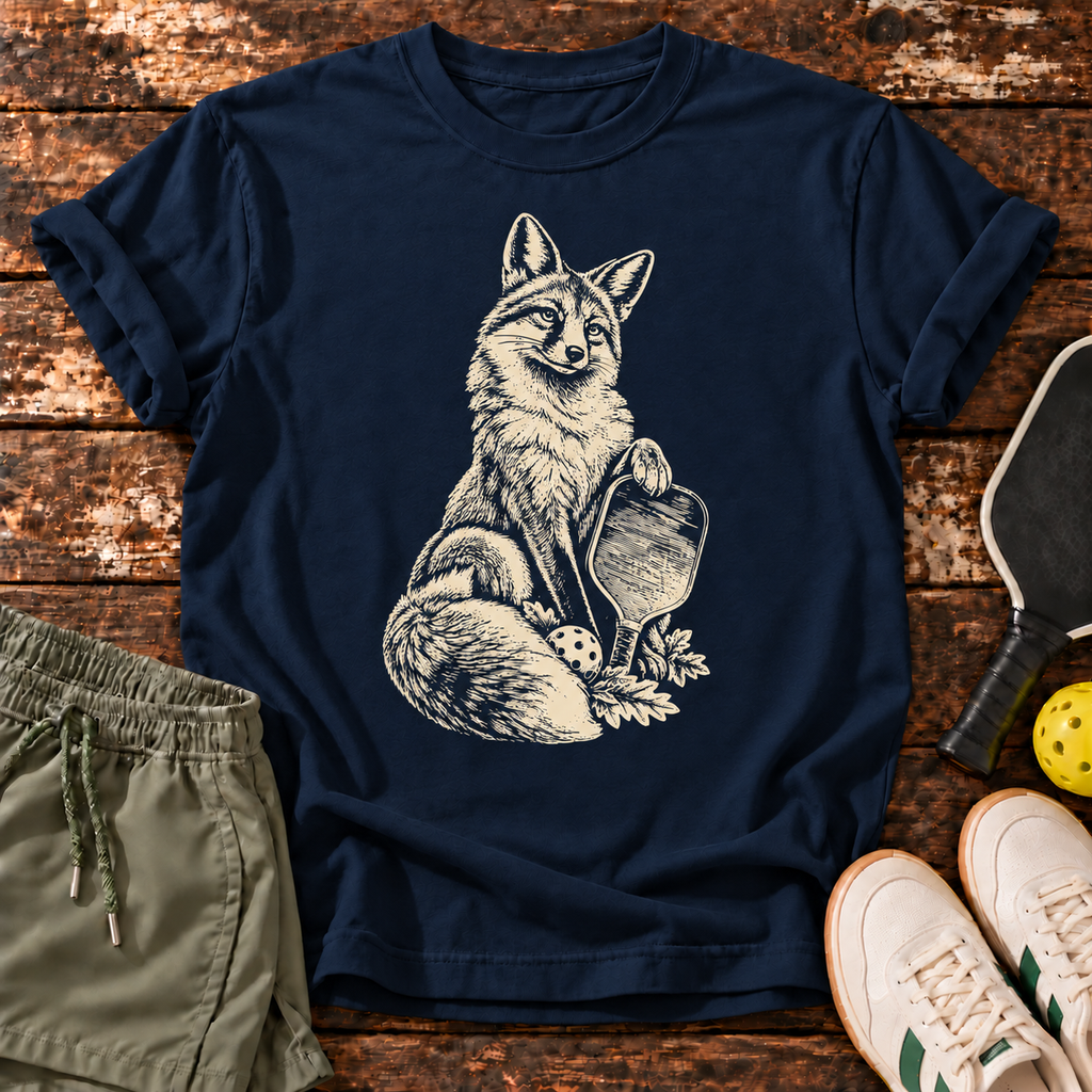 Court Fox T-Shirt — Navy — wooden flatlay