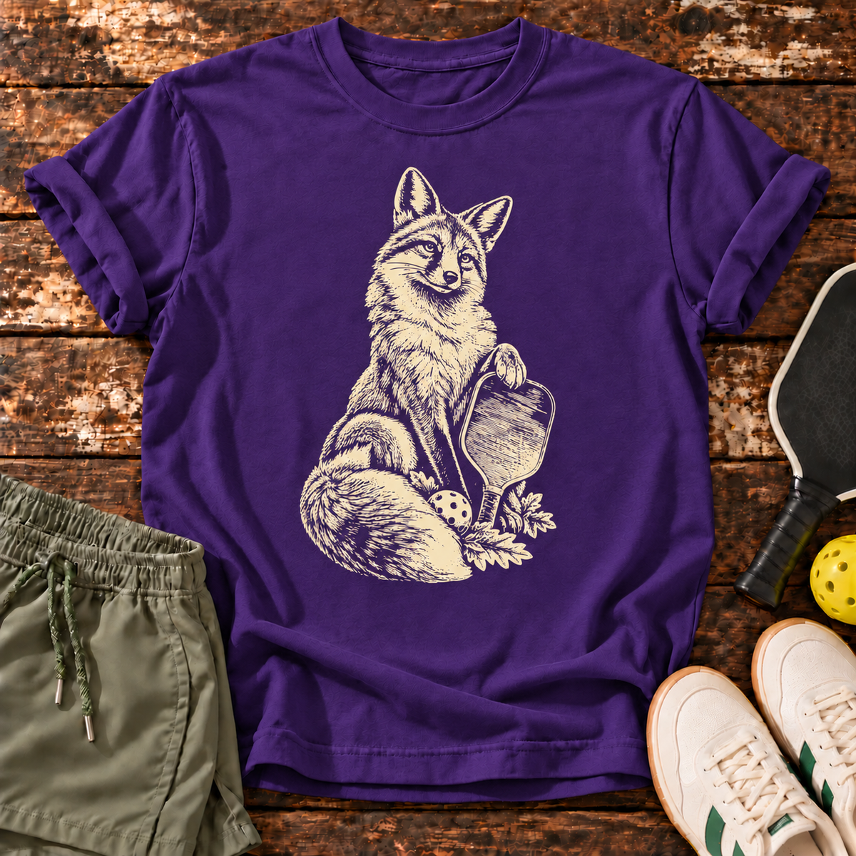 Court Fox T-Shirt — Purple — wooden flatlay