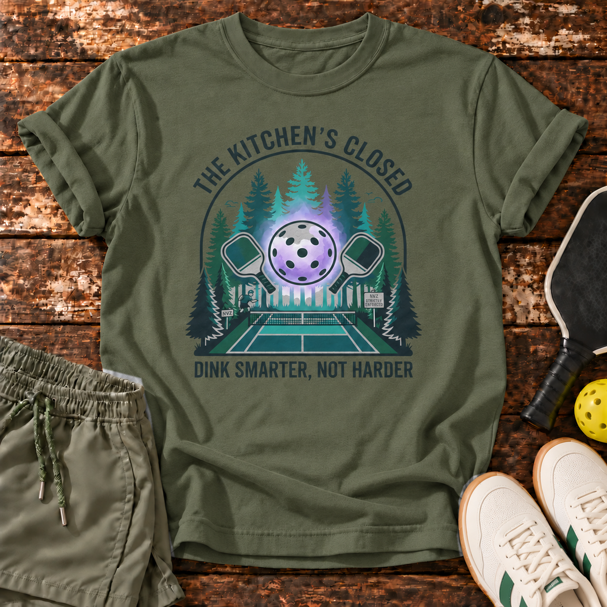 The Kitchen T-Shirt – Olive Green – approved shorts mockup