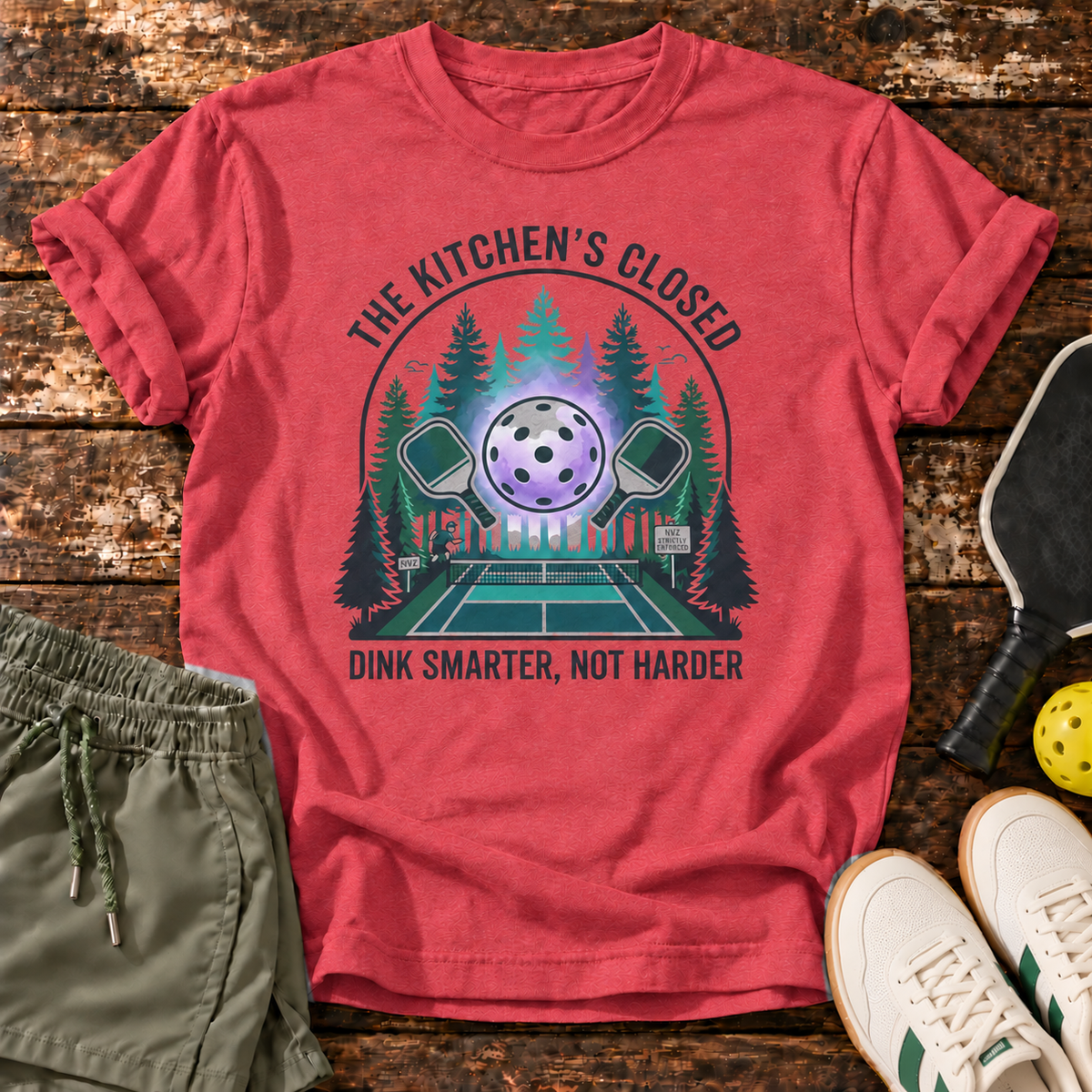 The Kitchen T-Shirt – Red Heather – approved shorts mockup