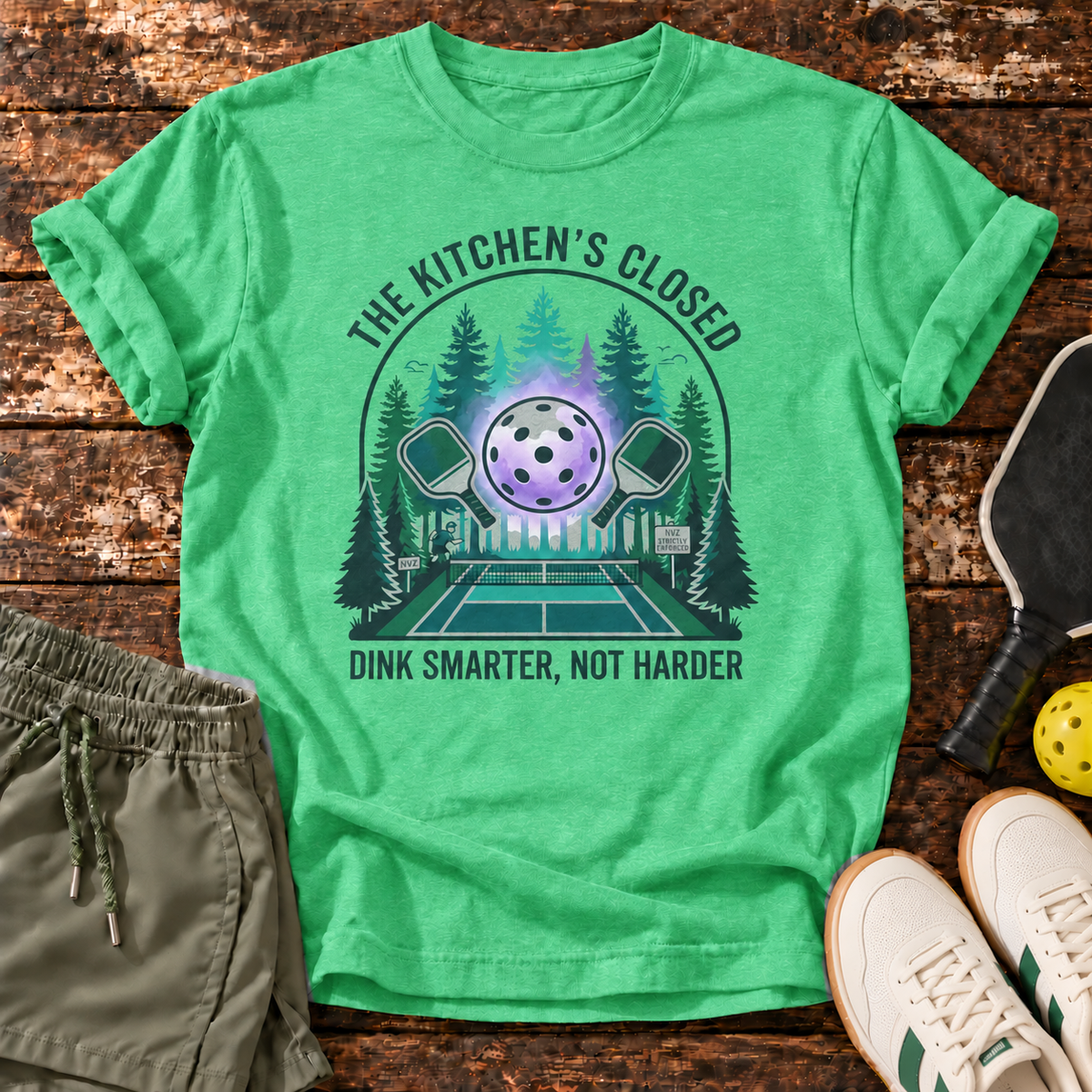The Kitchen T-Shirt – Green Heather – approved shorts mockup