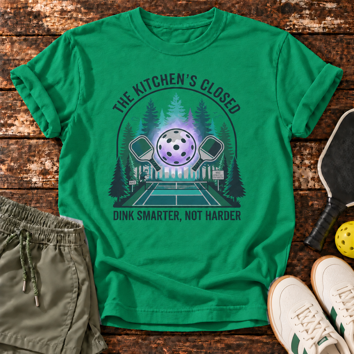 The Kitchen T-Shirt – Court Green – approved shorts mockup
