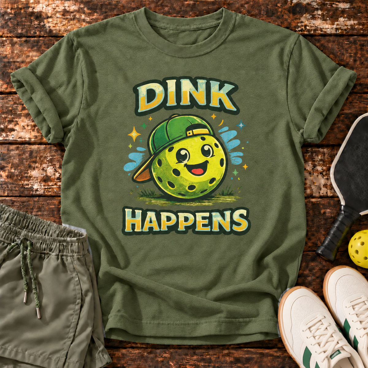 Dink Happens T-Shirt – Olive Green – approved shorts mockup