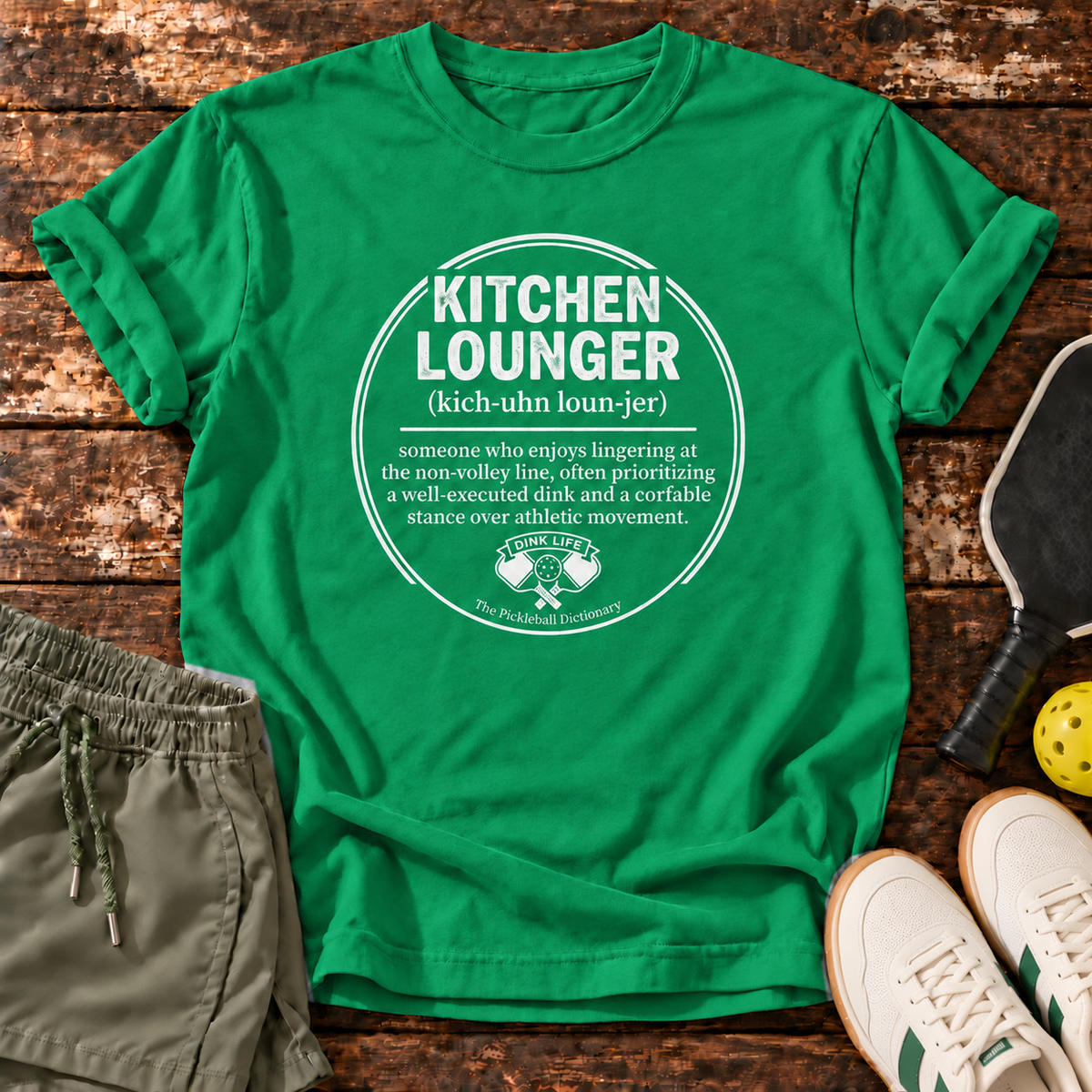 Kitchen Lounger T-Shirt – Court Green – approved shorts mockup