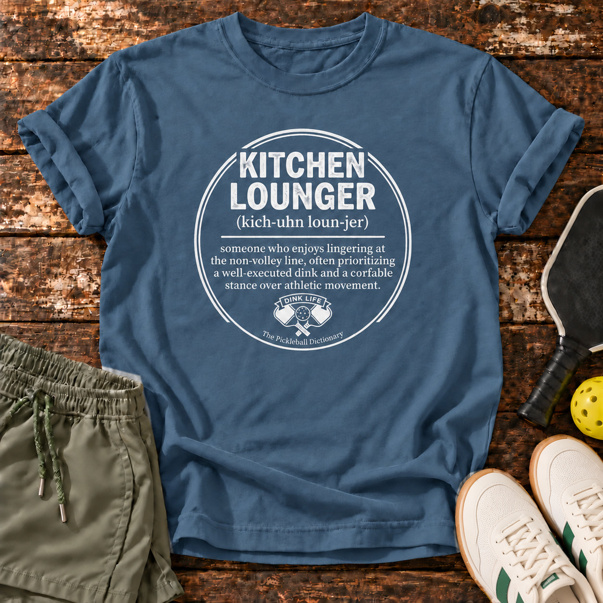 Kitchen Lounger T-Shirt – Indigo Blue – approved shorts mockup