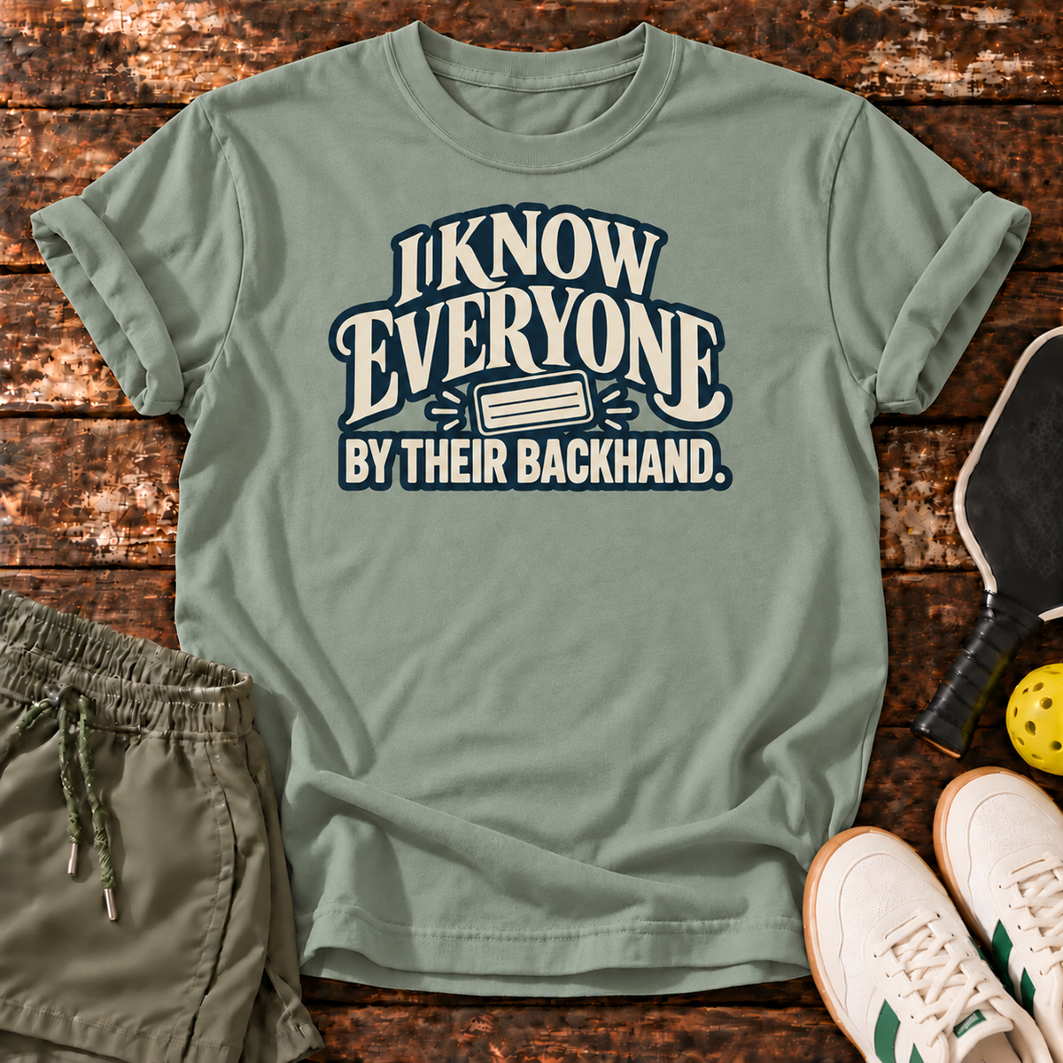 Courtside Census T-Shirt — Sage — approved wood mockup