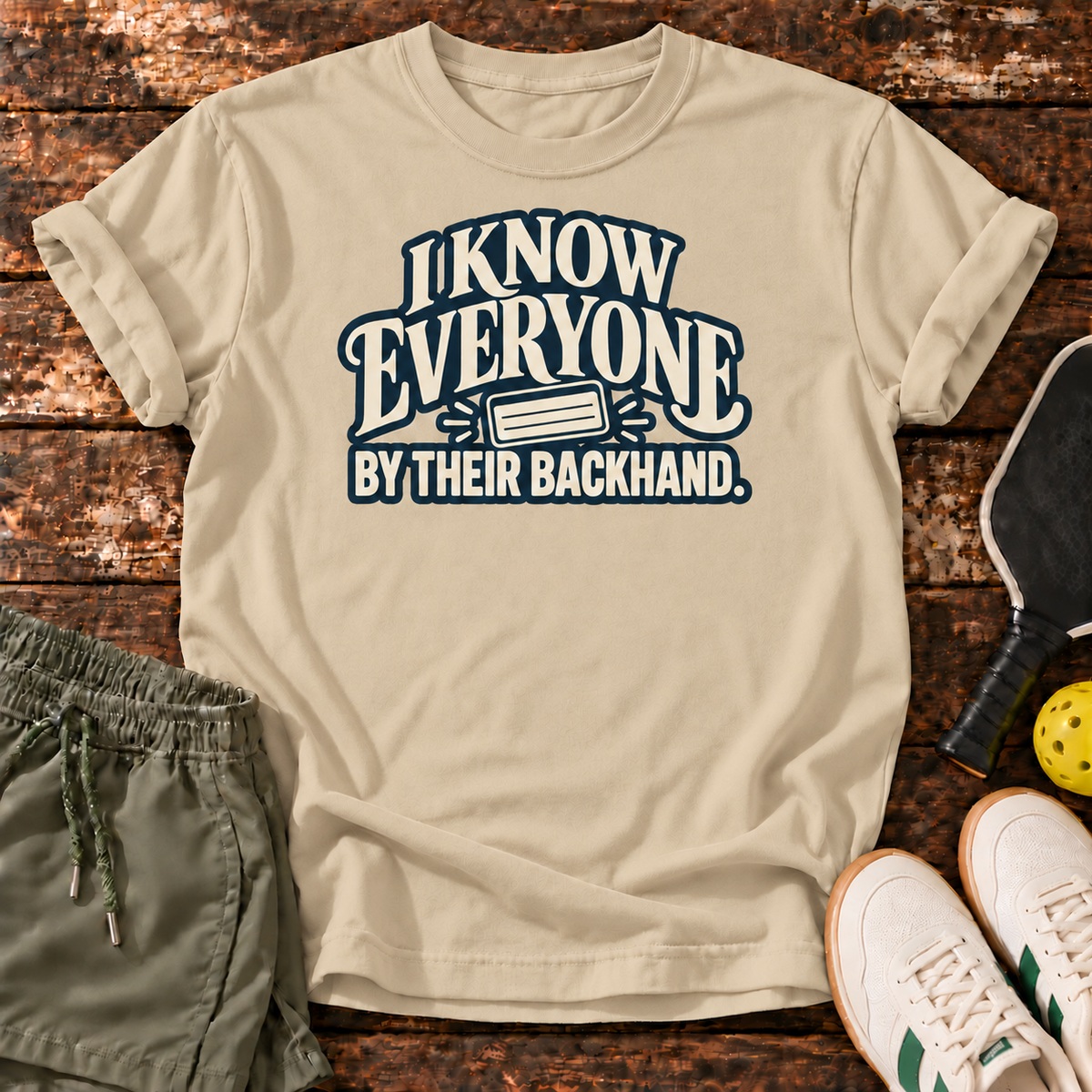 Courtside Census T-Shirt — Sand — approved wood mockup