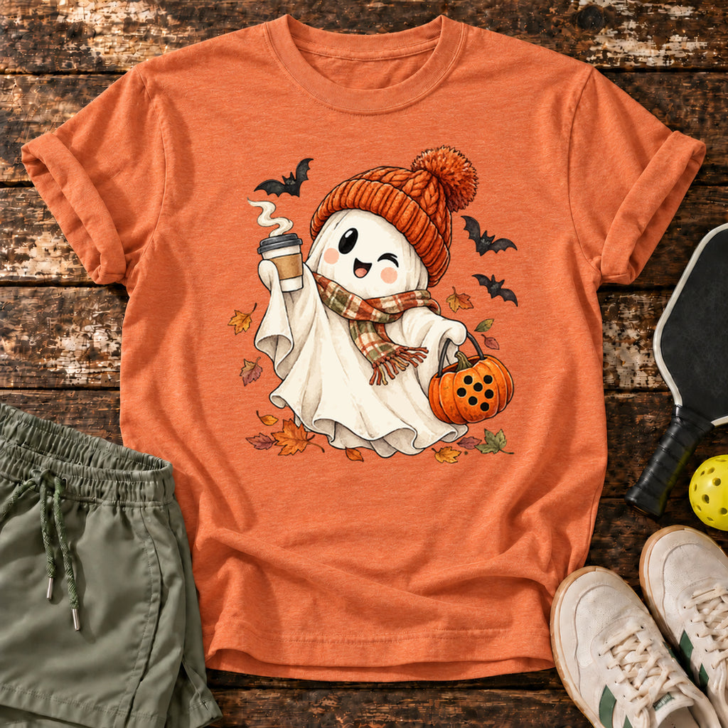Cozy Ghost T-Shirt — Heather Orange — approved Dink Society mockup
