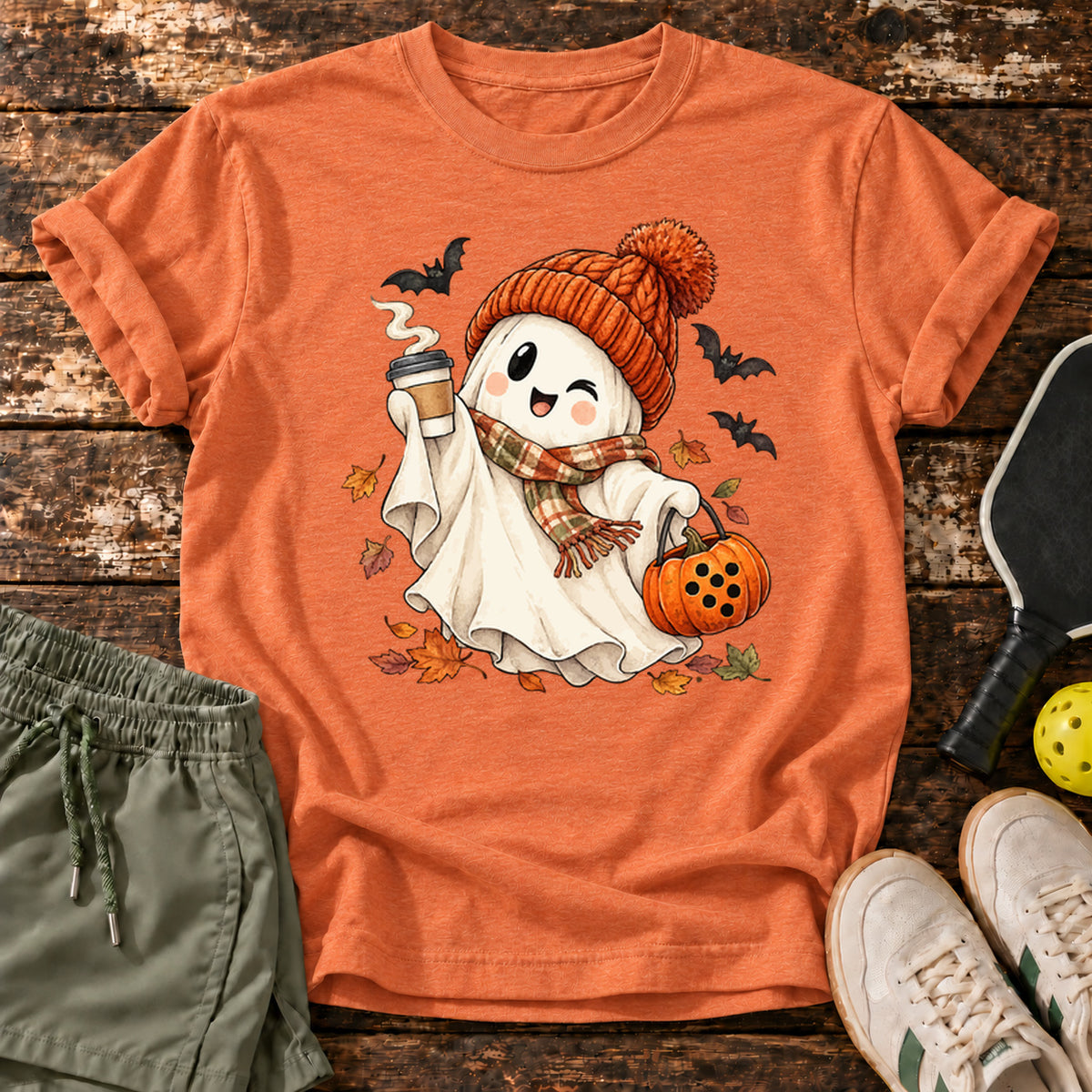 Cozy Ghost T-Shirt — Heather Orange — approved Dink Society mockup