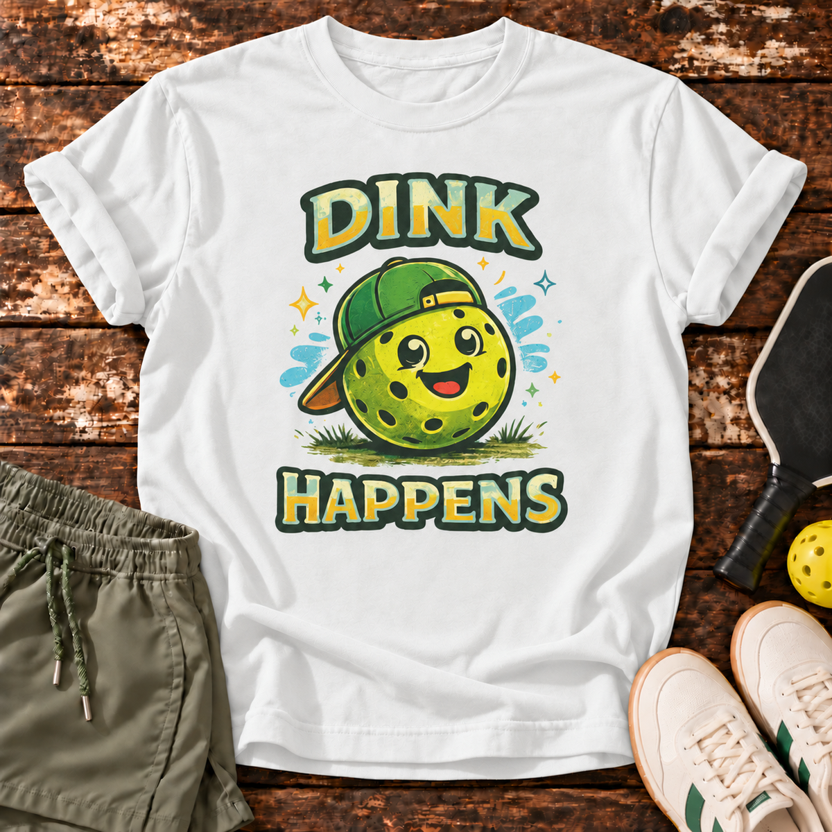 Dink Happens T-Shirt — Cloud White — wooden flatlay