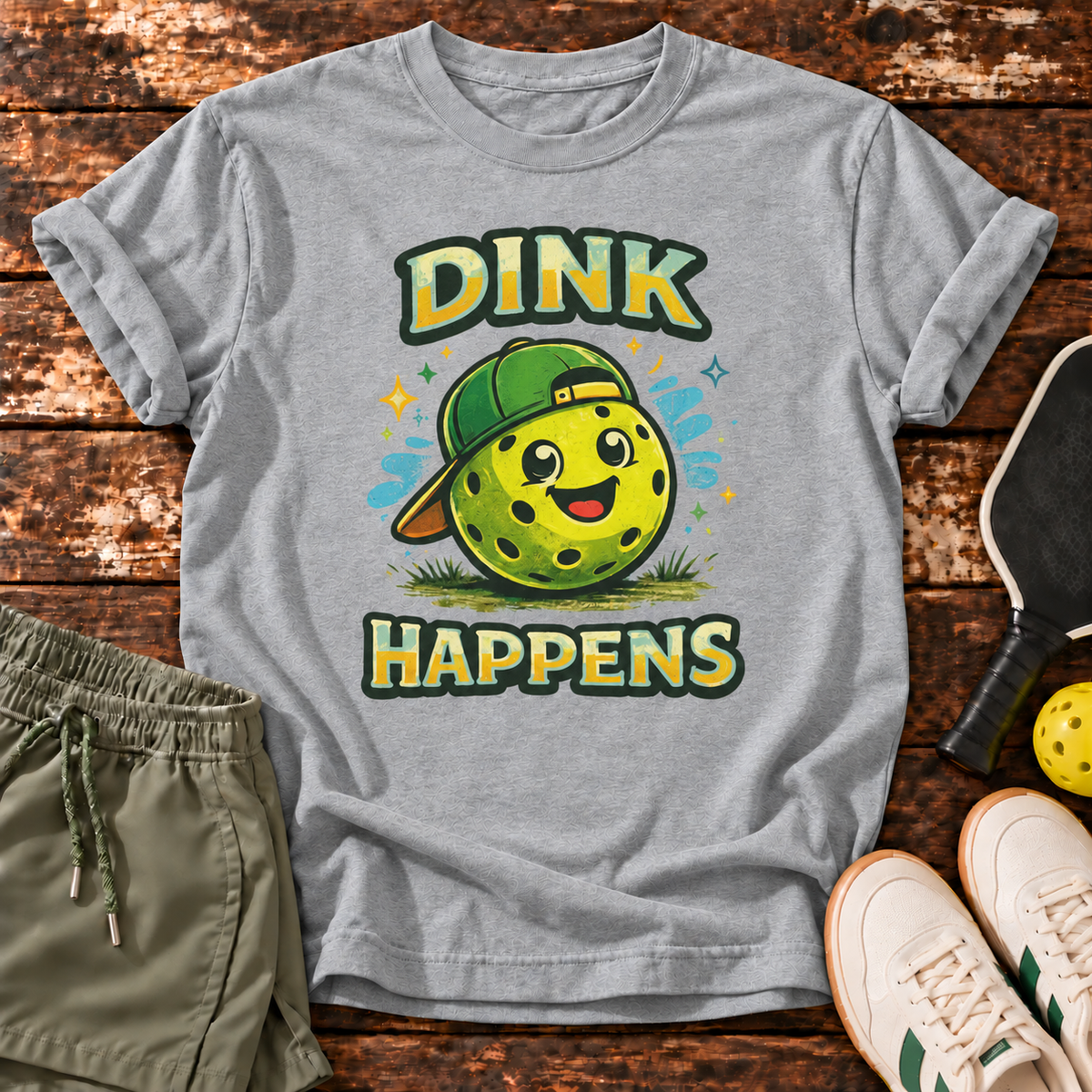 Dink Happens T-Shirt — Heather Grey — wooden flatlay
